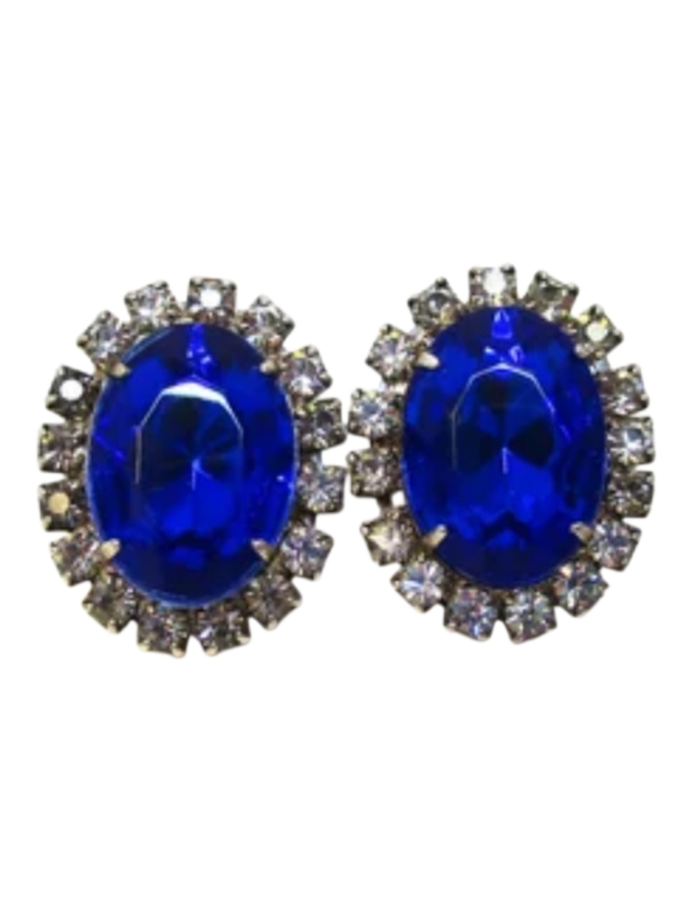 Vintage Oval Cobalt Blue Rhinestone Clear Accents Pierced Earrings